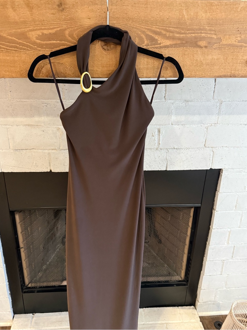 Aritzia One-Shoulder Brown Midi Dress with Gold Accent - Never worn